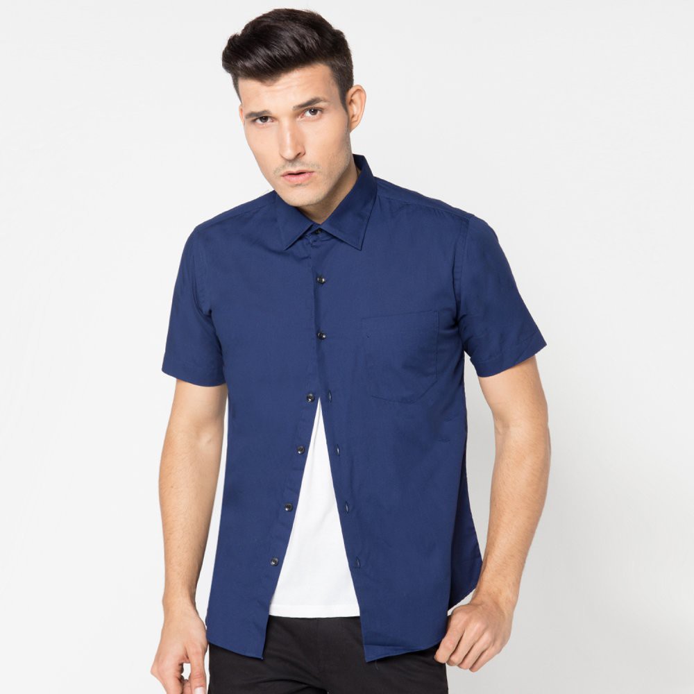 KEMEJA PRIA PENDEK POLOS NAVY SLIMFIT / BAJU COWOK POLOS BASIC TERLARIS