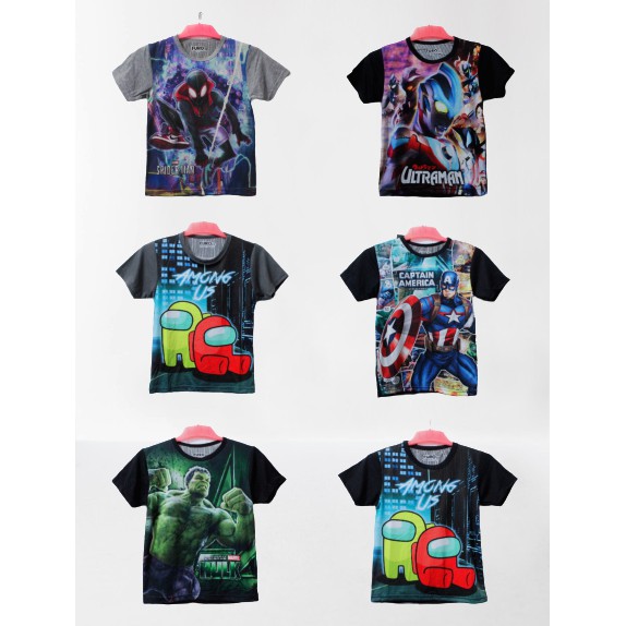 kaos anak karakter superhero hulk/spiderman/capt america/ultraman/baju amogn us