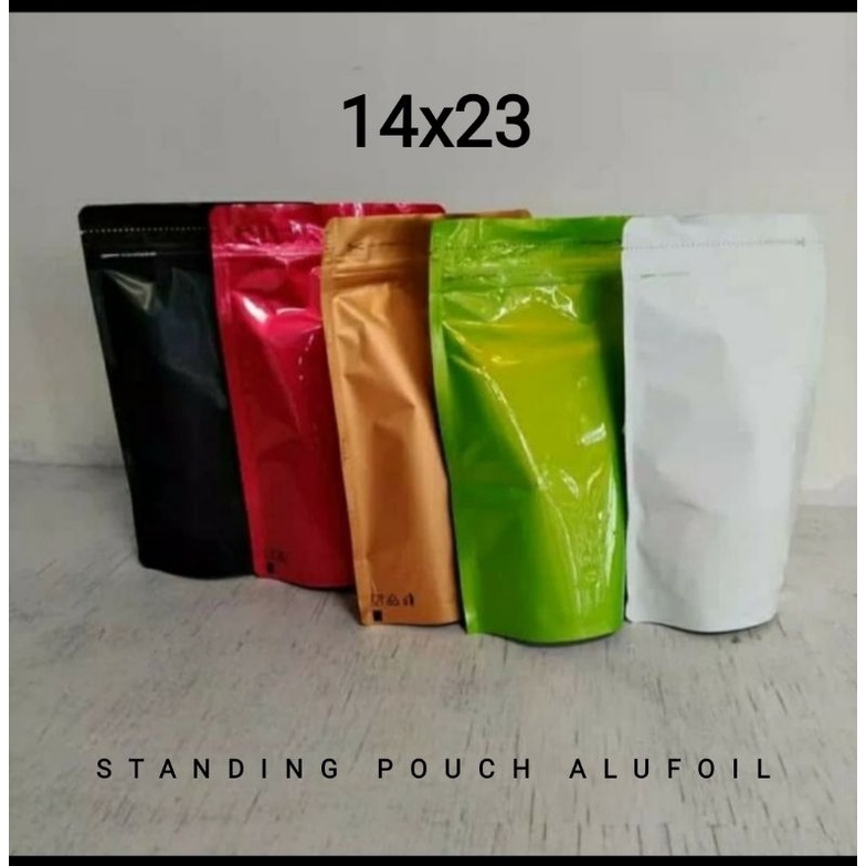 standing pouch SILVER/HITAM/MERAH/PUTIH/HIJAU/EMAS alufoil ukuran 14x23 cm