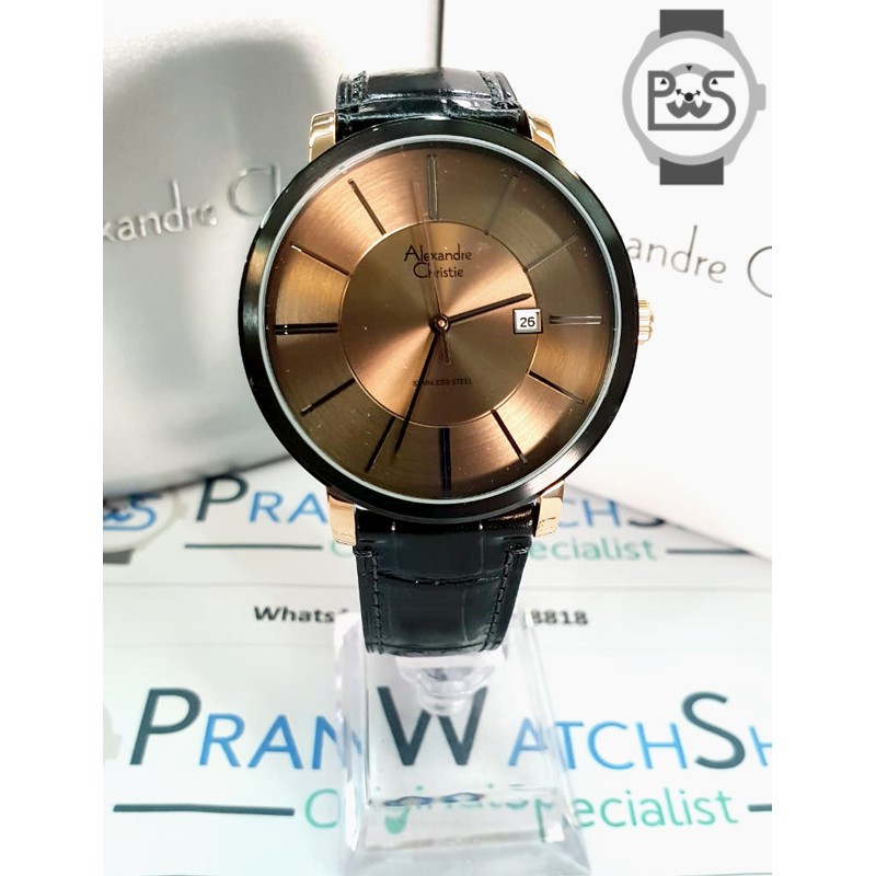 Jam Alexandre Christie AC 8344 Hitam Rose Gold Kulit Pria Wanita Original Garansi Resmi 1 Tahun