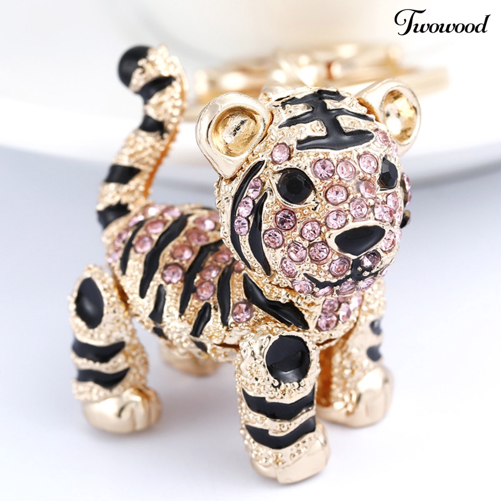 Twowood Key Ring Vivid Rhinestone Decor Multi-Color 3D Tiger Pendant Charming Key Chain for Purse