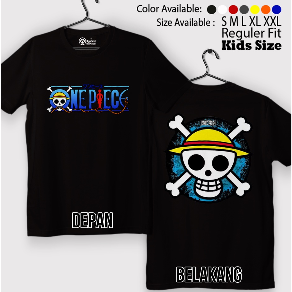 Kaos Atasan Anak Laki Laki / Baju Anak / Kids T shirt Anime One Piece Logo Tengkorak Bajak Laut Sablon Depan Belakang