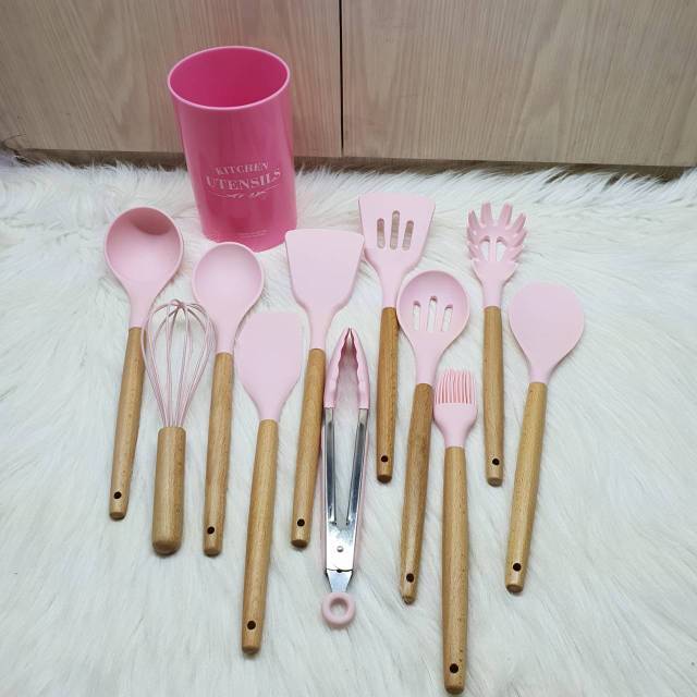 11 pc set spatula masak +gelas untensil kayu sutil sodet centong whisk tongs kuas pink