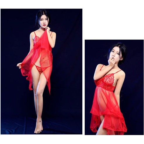 Lingerie Wanita Sexy Piyama transparan Nightdress Set G String A125-merah