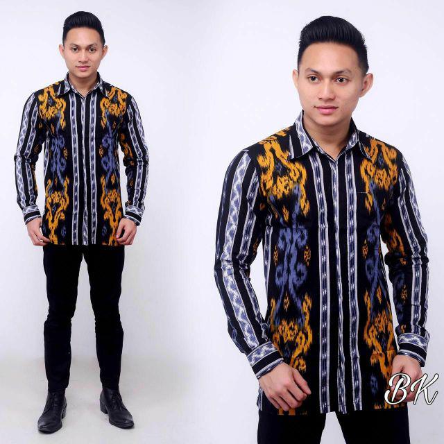 Kemeja Batik Manggar Hitam Abu Panjang Pendek Rbr88d Katun Halus