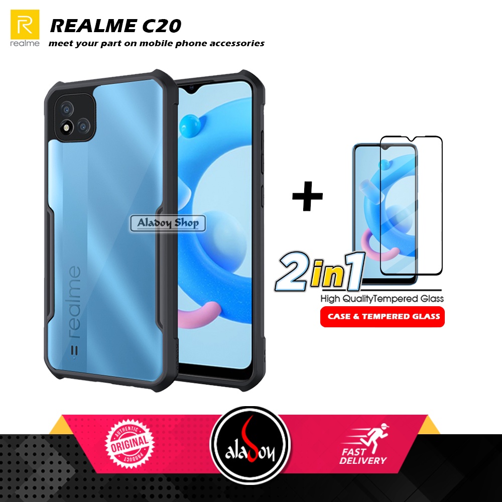 PAKET 2 IN 1 Case Realme C20 Armor Fusion Transparent Prmium Casing Free Tempered Glass