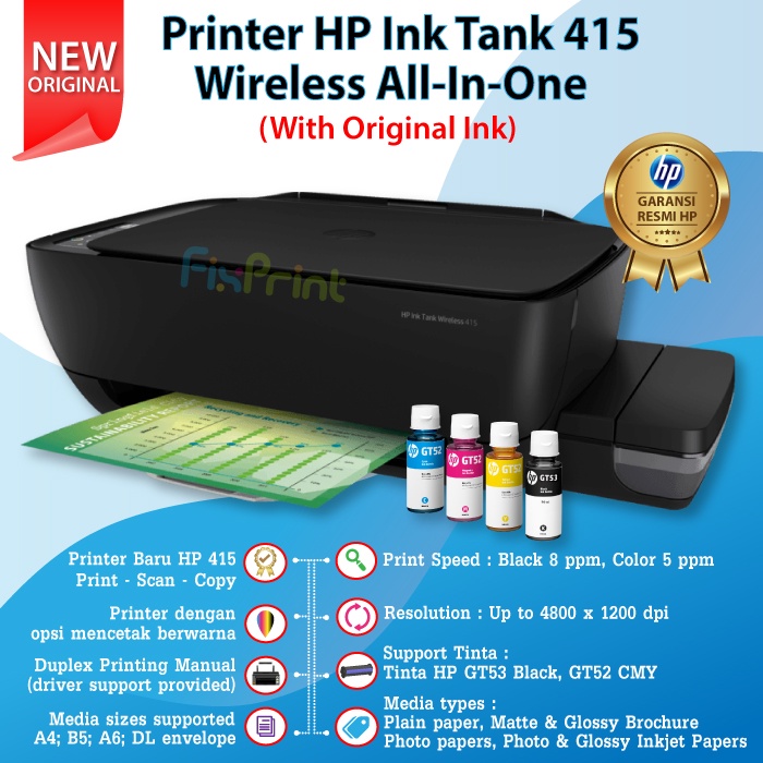 Printer Ink Tank HP 415 Print Scan Copy WiFi All-in-One Wireless With Tinta GT51 GT52 Support MAC OS