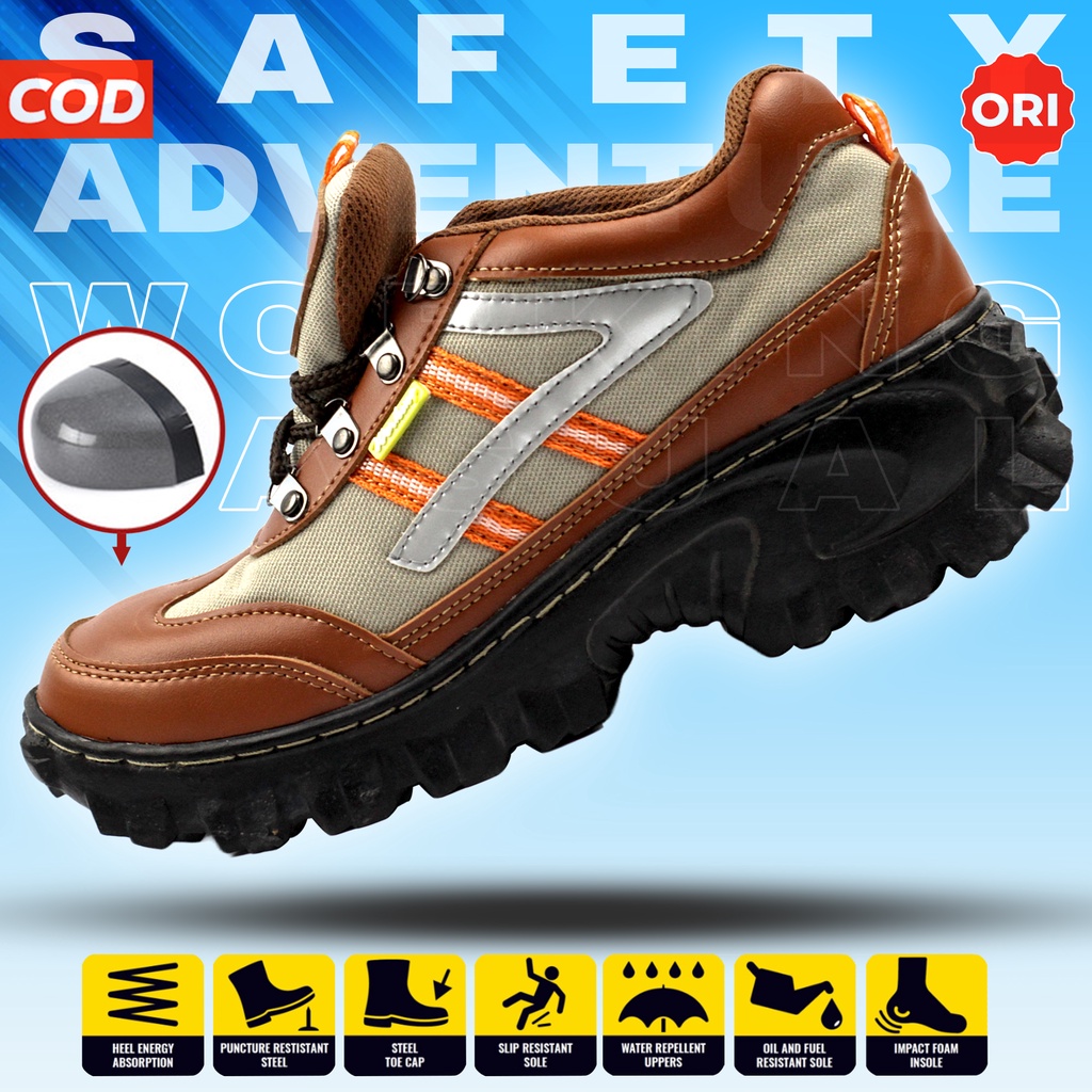 Sepatu boot safety pria ujung besi king cheetah hiking working sol karet best quality kulit mesh ori