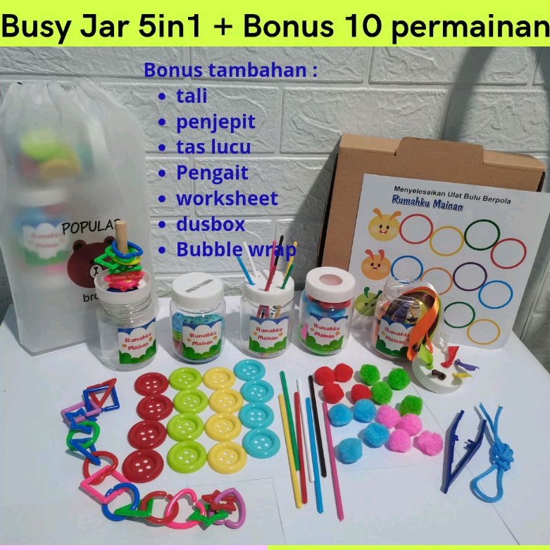 BUSY JAR 5IN1 BONUS 10 PERMAINAN MAINAN EDUKASI MONTESSORI ANAK BAYI