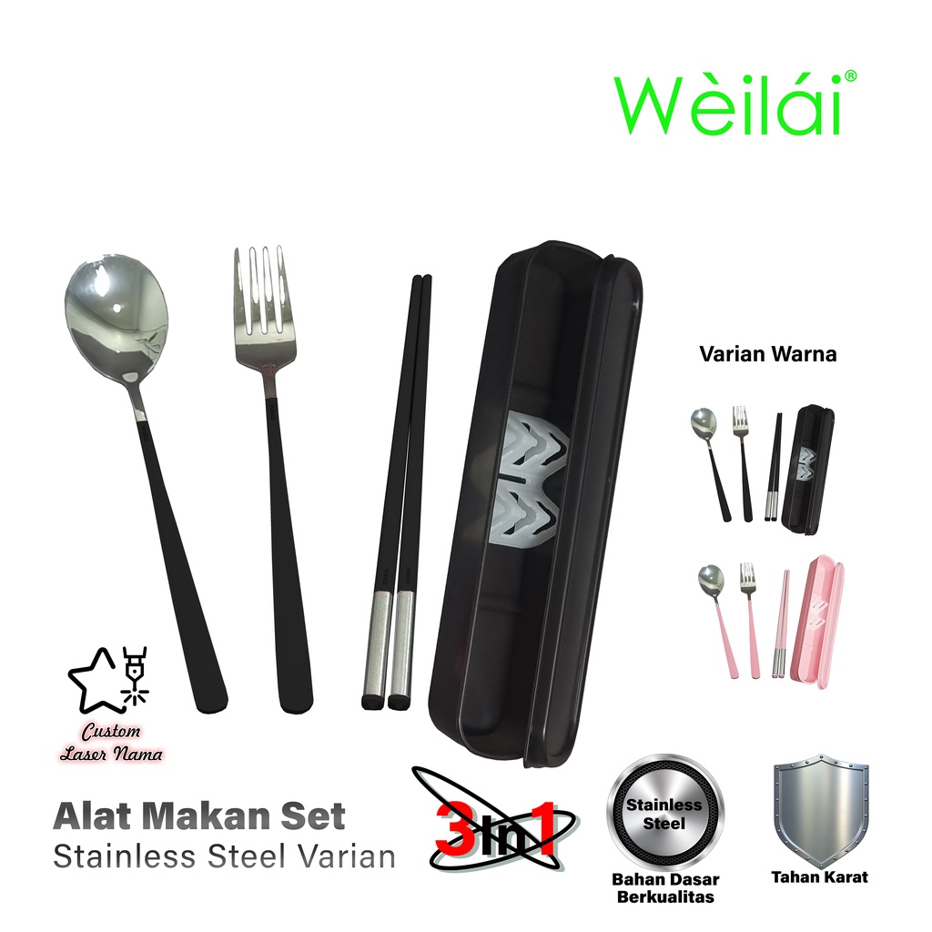 Weilai Alat Makan Korea 1 Set - Set Alat Makan Stainless Steel Sendok Makan Set Korea 3 In 1 ( Sendo
