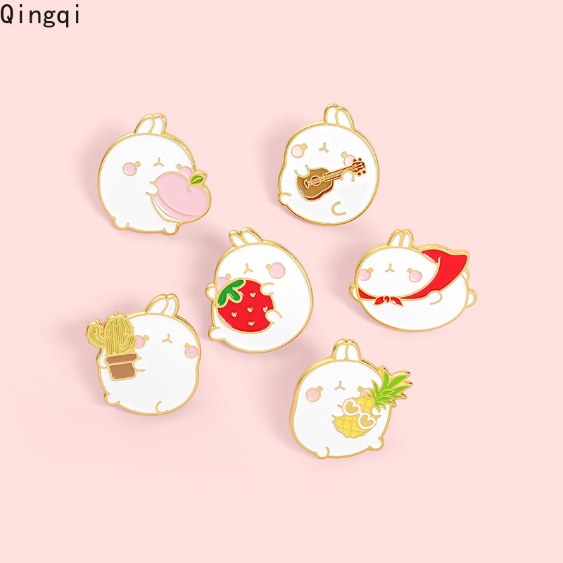 Bros Pin Enamel Bentuk Kartun Kelinci Putih Kaktus Peach Gitar Untuk Ransel