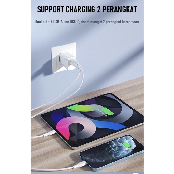 Adapter Kepala Charger Robot Dual Port 18W QC3.0 + Usb C Support PD Fast Charge (ROBOT R-TF2)