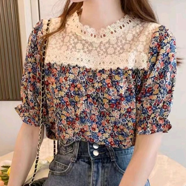 2477 Baju atasan blouse motif bunga floral merah biru lengan pendek Korean style cewek import baju a