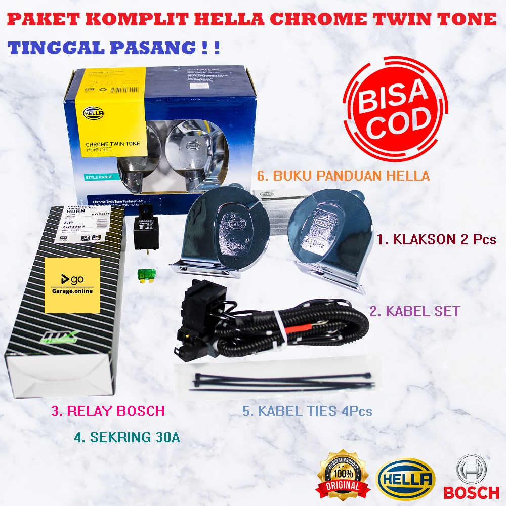 PAKET KOMPLIT Klakson Keong HELLA CHROME TWIN TONE Original + KABEL RELAY SET BOSCH TERMURAH