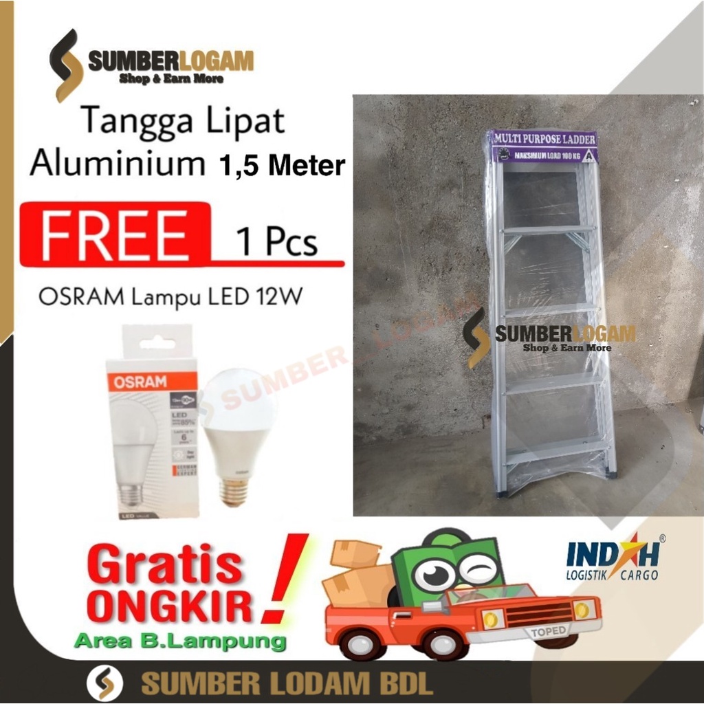 Tangga Lipat Aluminium 1,5 Meter BONUS OSRAM Lampu LED 12W