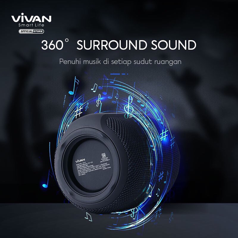 VIVAN Bluetooth Speaker Surround Sound 360° Waterproof IPX6 Hi-Fi TWS Micro SD AUX VS12 VS 12