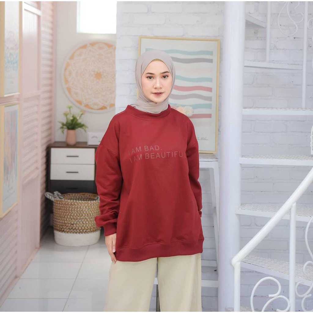 I Am Bad oversize Sweater Hoodie Wanita Bahan Fleece