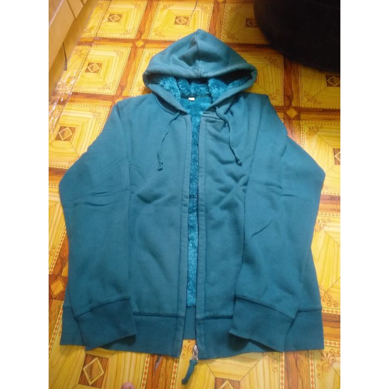 hoodie zipper uniqlo sherpa hijau second branded original preloved pria wanita