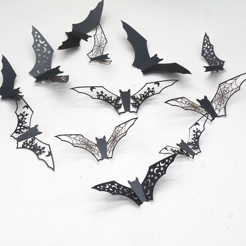 12 Pcs Stiker Dinding Desain Kelelawar 3D Warna Hitam Untuk Dekorasi Halloween