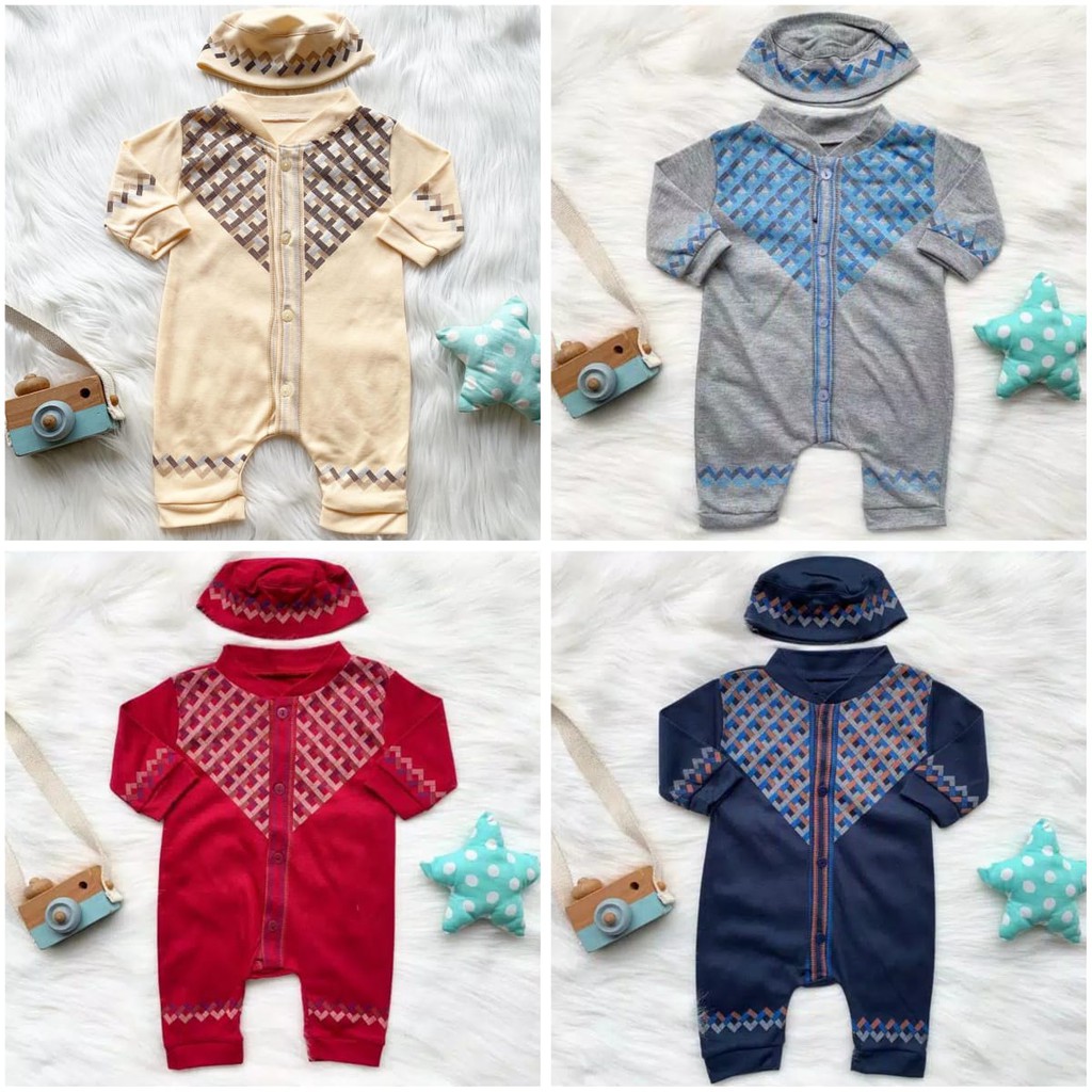 Baju Muslim bayi anak laki laki koko jumper romper panjang sablon set peci koko miru aqiqah new born