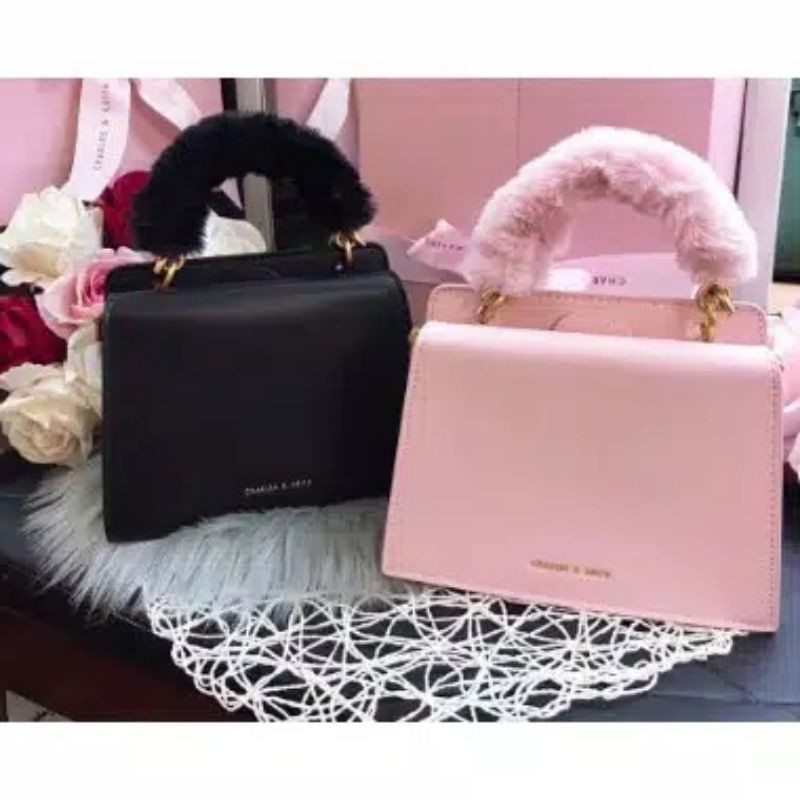 Tas CK motif ribbon velvet bulu with box