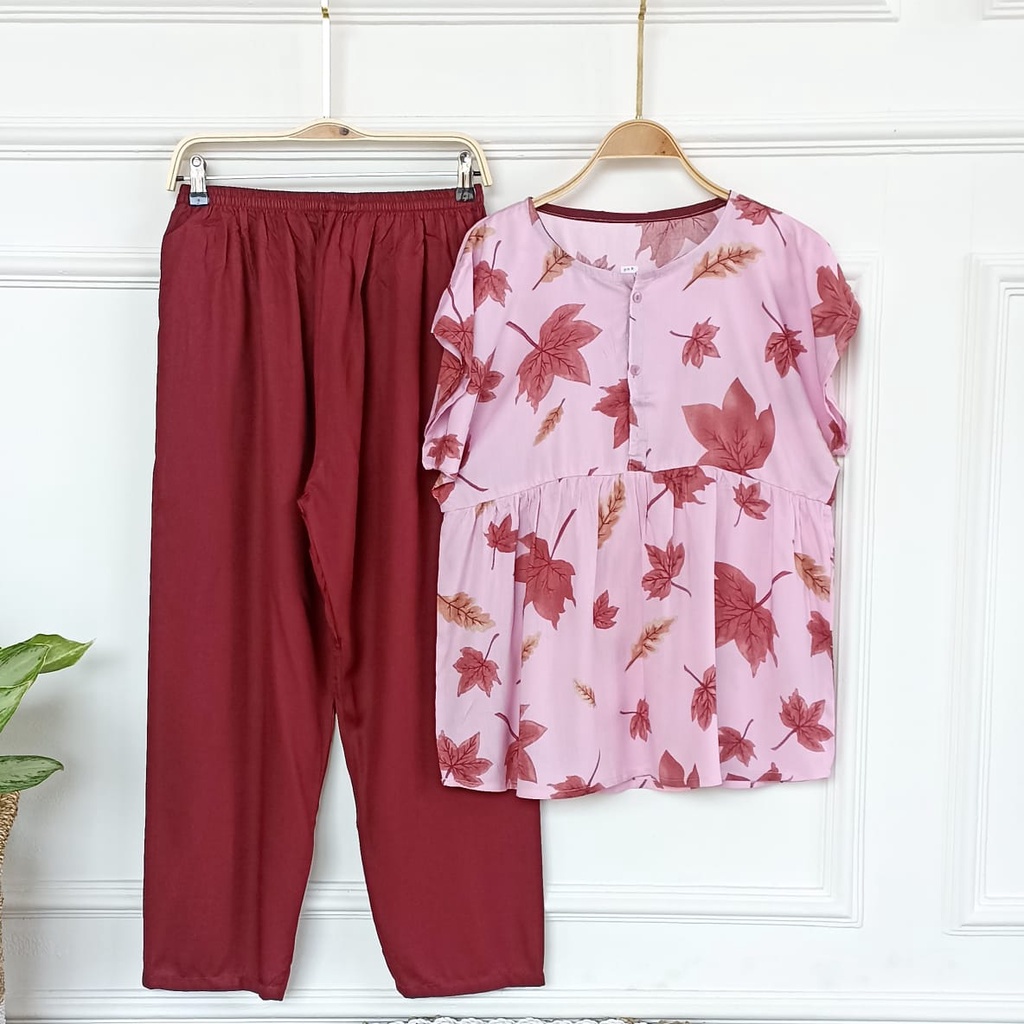 SETELAN BAJU TIDUR PIYAMA WANITA ONE SET PAJAMAS RUFFLE KANCING BUSUI CELANA PANJANG-BBR 15