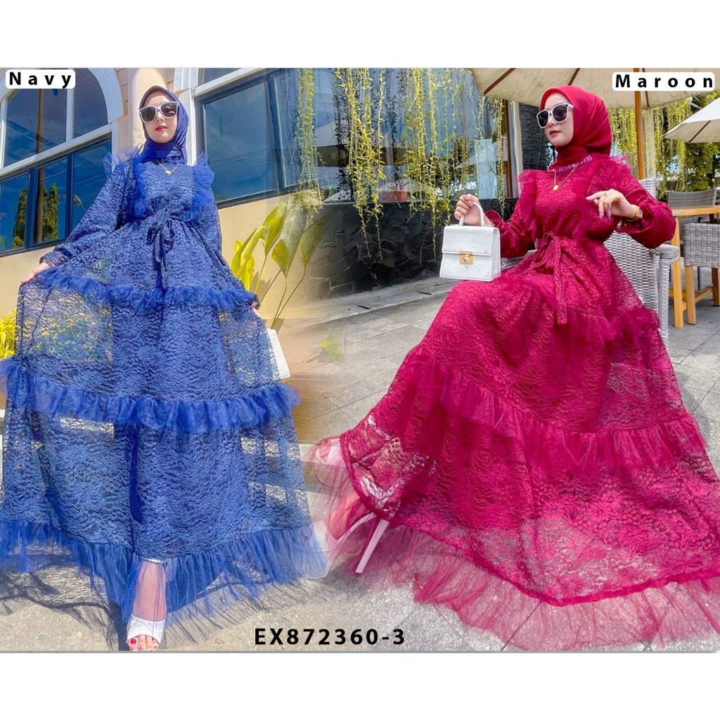 Gamis brukat Utami rempel dada tali pinggang bahan brukat impor lapis furing mek extu (8723603)