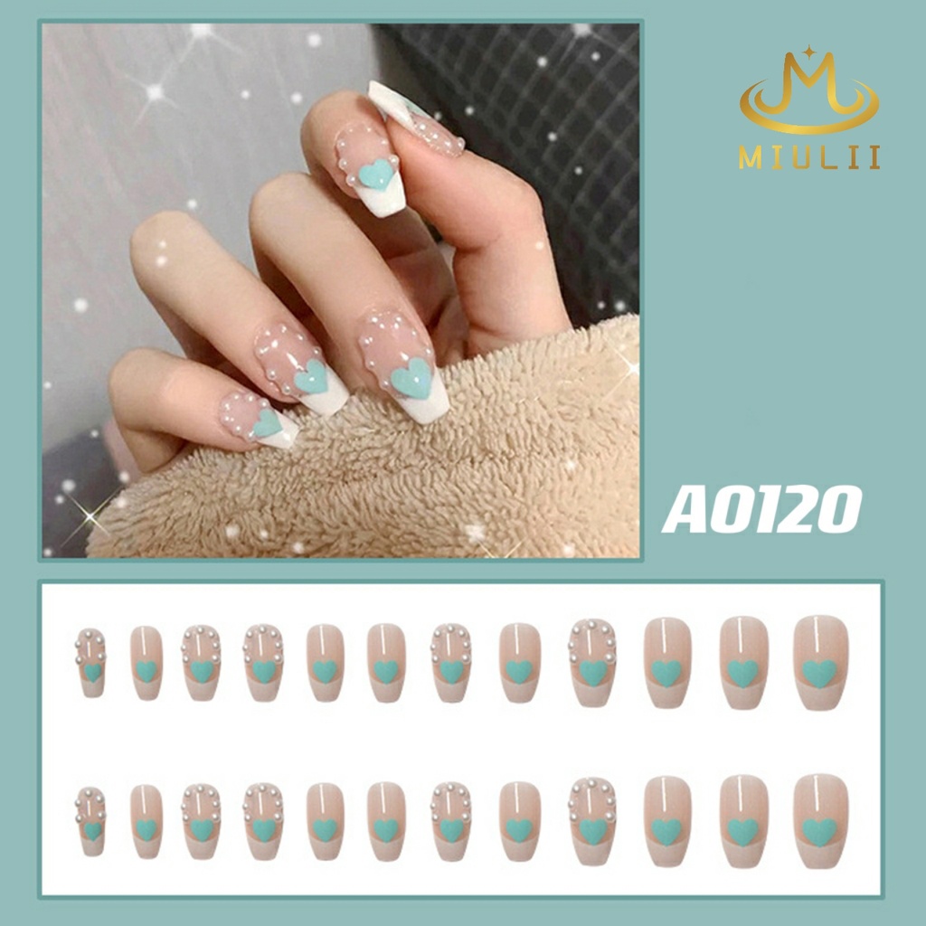 MIULII / KUKU PALSU PANJANG  Love Pearl A0120  / 24PCS / 3D / NAIL ART / PREMIUM /  CUTE / BIRU / FREE LEM JELLY / KUTEK