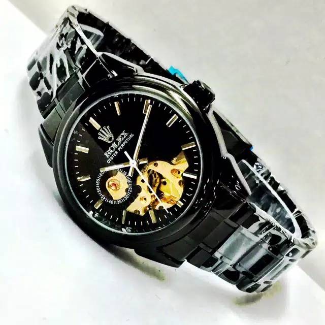 Jam Tangan Pria Rolex Skeleton Automatic Full Black Grosir