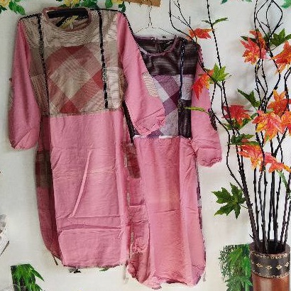 Tunik katun polos kombinasi kotak/pink/celia 987