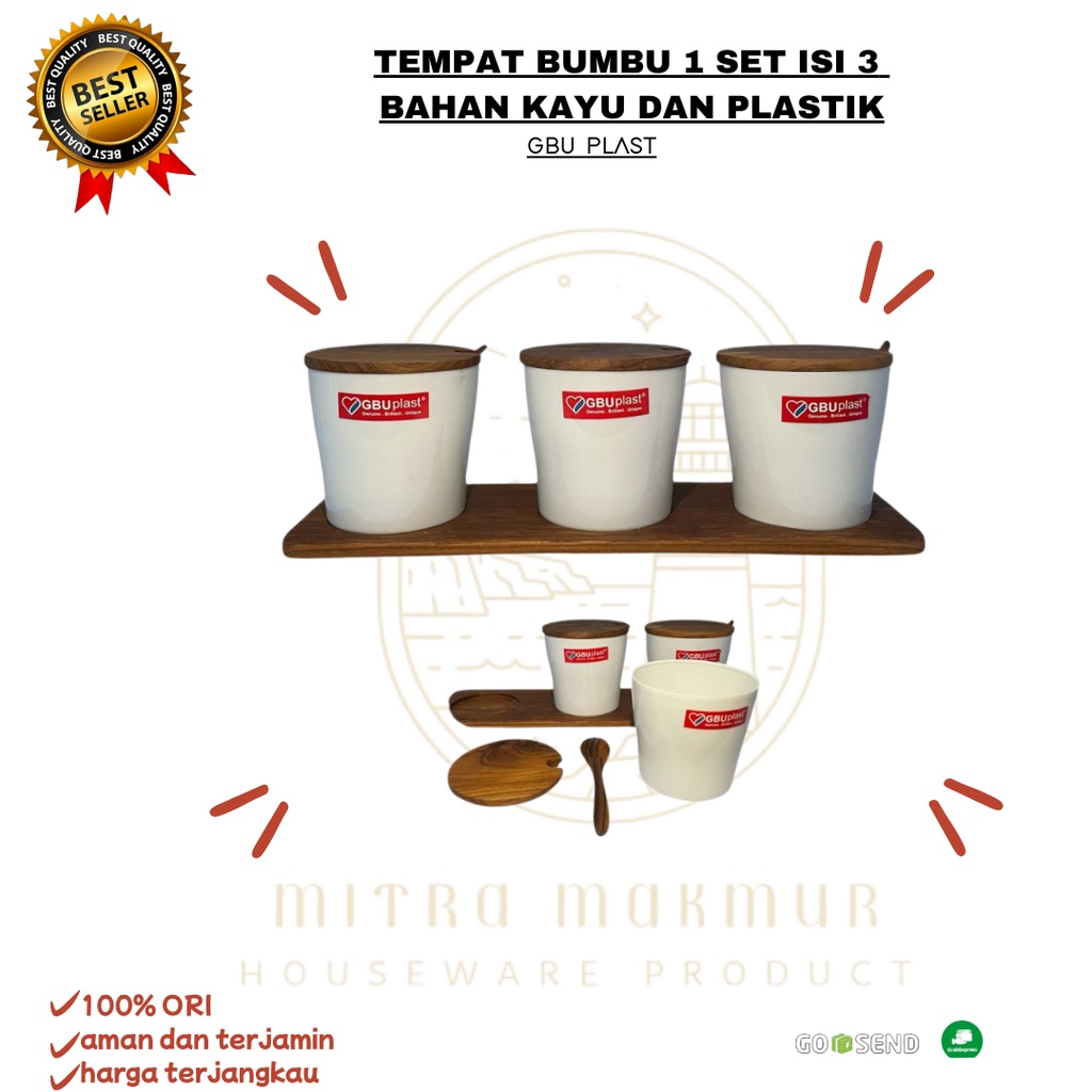 NEW!! TEMPAT BUMBU DAPUR KAYU ESTETIK 1 SET ISI 3 GBU