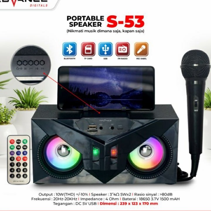 Speaker Bluetooth Portable Advance S-53 Gratis Microphone Dilengkapi Super Bass/Bisa COD