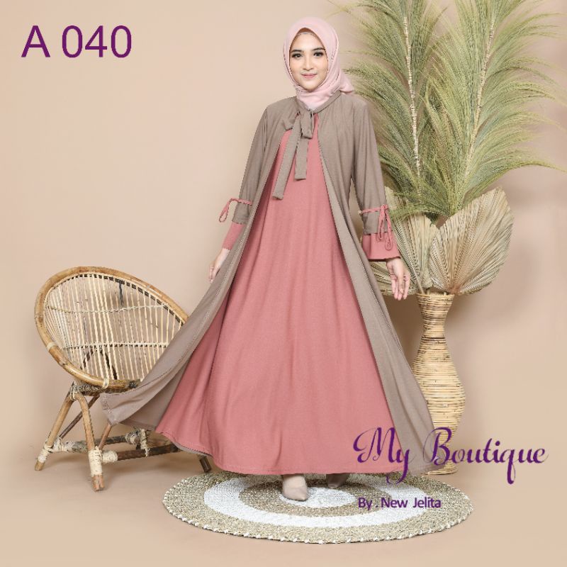 My Boutique Fashion Gamis A040 Milo Pink Kardigan Tali Pita Leher Stella Crepe Premium LD 110 PB 137