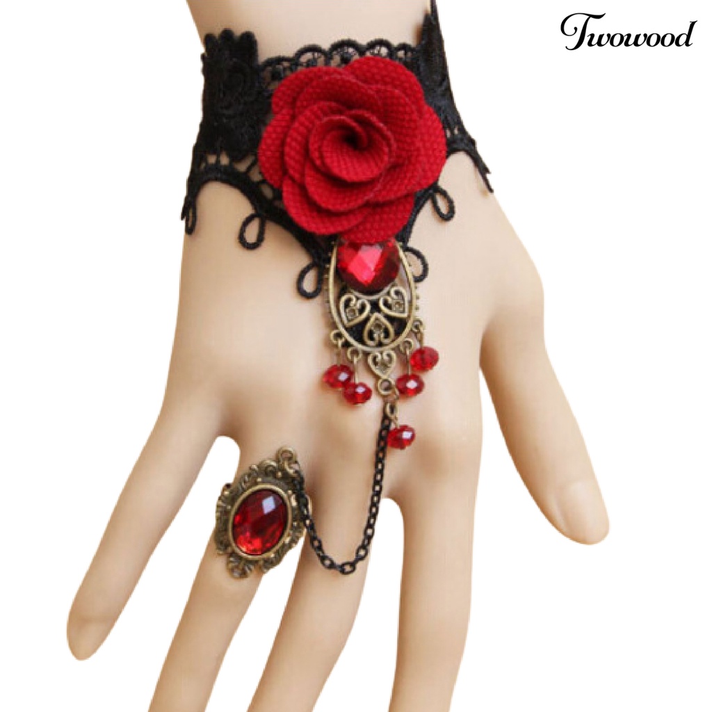 Twowood Rose Decor Black Lace Ring Bracelet Women Faux Gem Faux Pearl Ring Hand Chain Jewelry Accessory