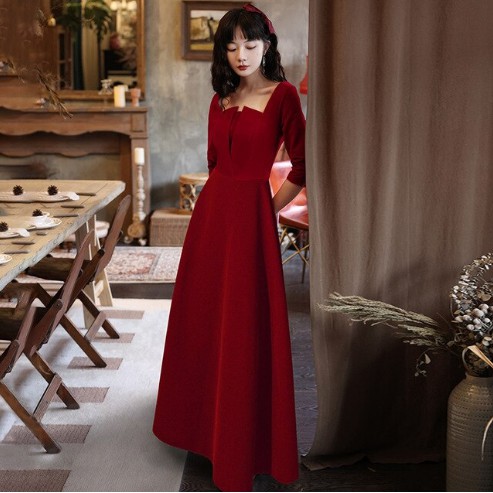 Cocktail Dress Square Collar Vintage Women Red Cocktail Dress Velvet A-Line Prom Party 2021