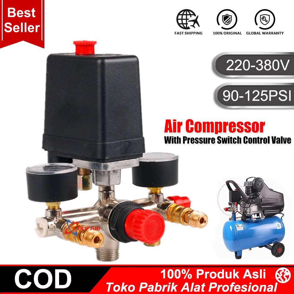 Kompresor Udara Pressure Valve Switch Manifold Relief Regulator Pengukur 90-125PSI 220V Aluminium alloy bracket