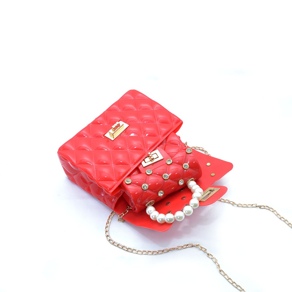 Tas selempang mini fashion jelly glosy mutiara diamond 9080