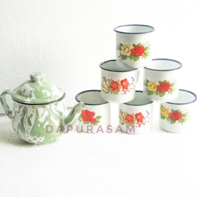 Teko Cebol + 6 Gelas Kembang 7cm Enamel Blek Seng Kaleng Jadul Vintage Mug