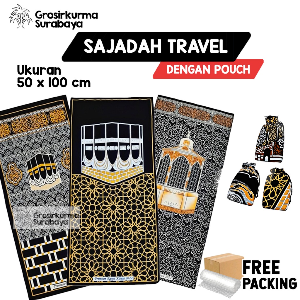 Sajadah Travel Kiswah Dengan Pouch Lucu Souvenir Motif Makah Bahan Premium Halus Oleh Oleh Haji Umroh