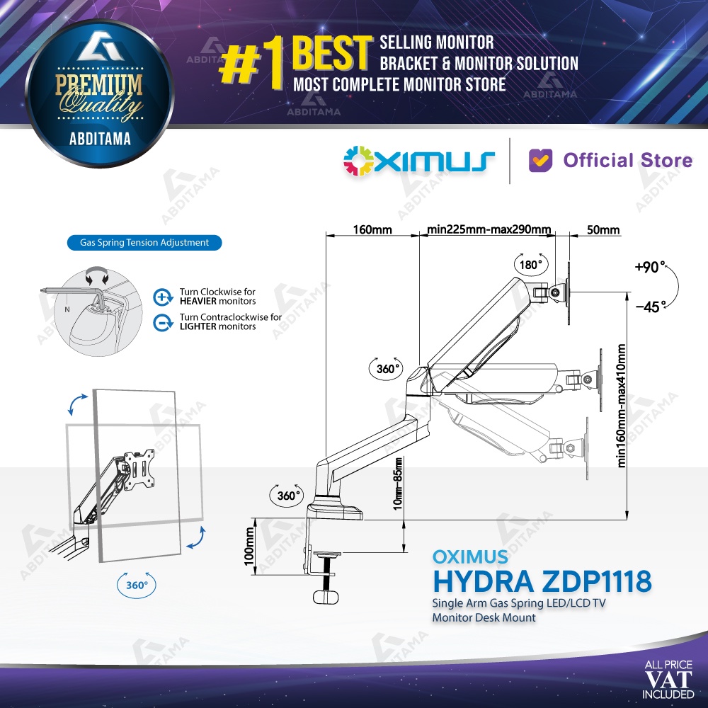Bracket TV Monitor LED LCD Gas Spring OXIMUS ZDP1118 1118 Tilt Swivel