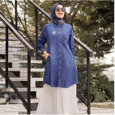 Dira Blouse Jeans S/M & Basic Rok Pleats White Pesenan Ka Ika Putri