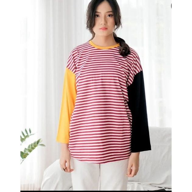 kaos polos kombinasi salur lengan panjang