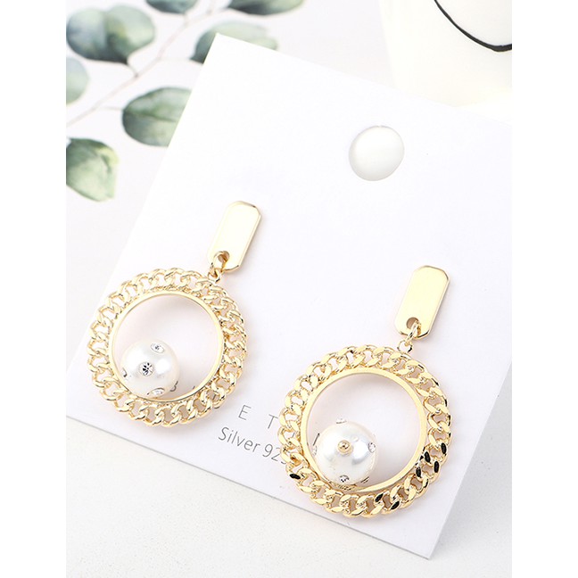 LRC Anting Tusuk Fashion Golden Real Gold Plated Large Circle Pearl S925 Silver Pin Earrings Y63067