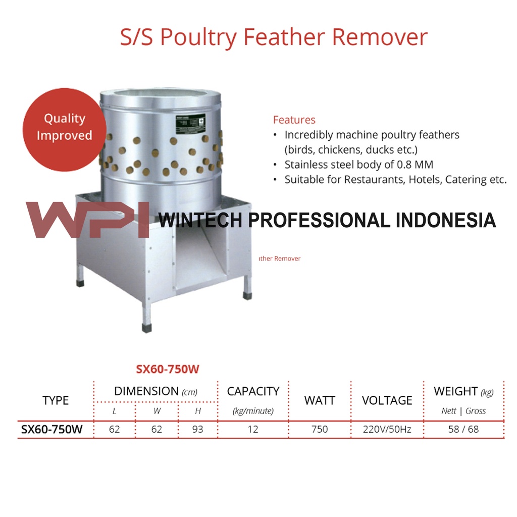 Getra SX60-750W S/S Poultry Feather Remover Mesin Pencabut Bulu Unggas (Ayam, Bebek, Burung) - Body 