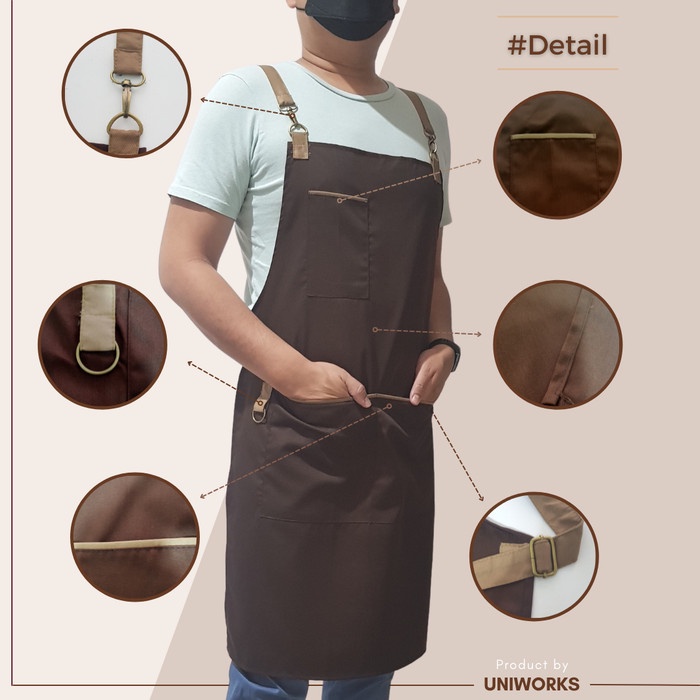 UNIWORKS Apron Barista Premium Seri V02 Bahan American Drill Original dengan Kombinasi 6 Warna dan 3 Ukuran Panjang