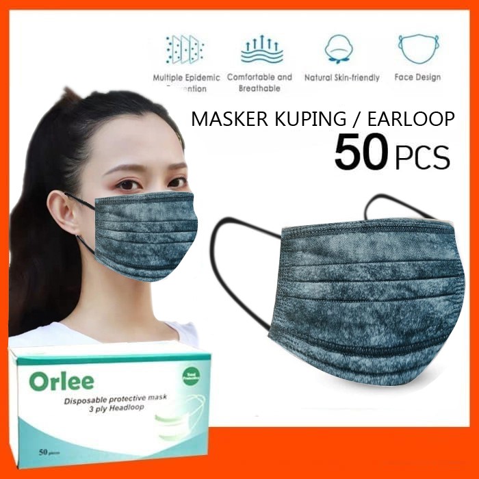 Masker 3 ply Hitam Black Charcoal Orlee Medis 3ply Earloop Kemenkes 50