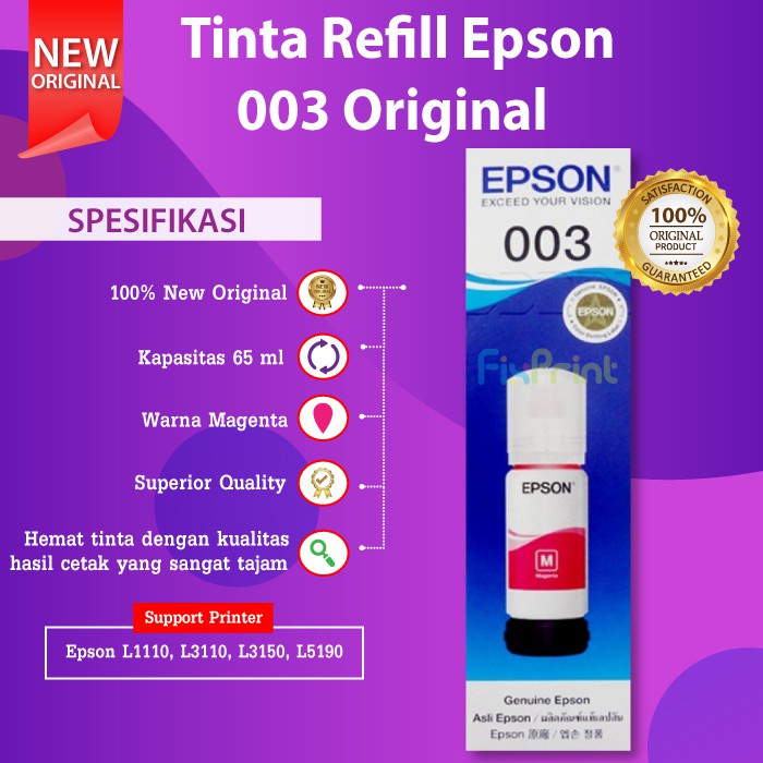 TINTA EPSON 003 BLACK ORIGINAL ORI HITAM RESMI PRINTER L1110 L1210 L1250 L1256 L3100 L3110 L3116 L3210 L3216 L3150 L3156 L3250 L3256 L5190 L5290 L5296