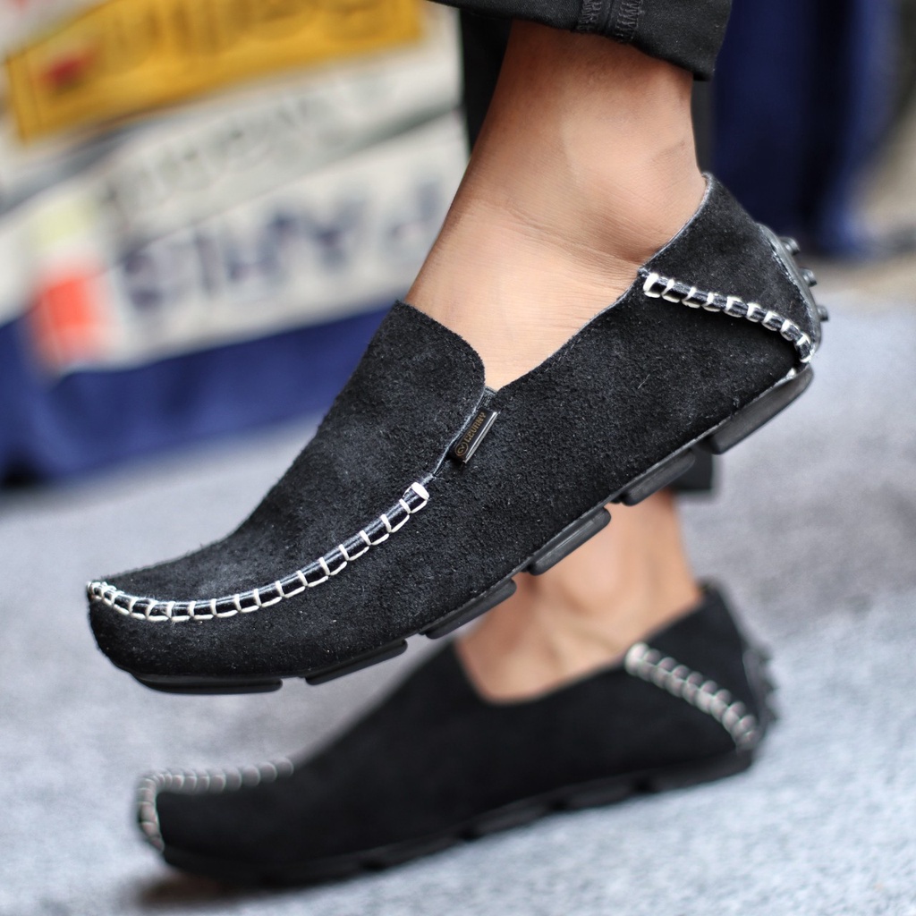 MOKSUE|Sepatu Kasual Slip On Pria Kulit Asli Mocasin Hitam Slop Cowok Trendy Murah