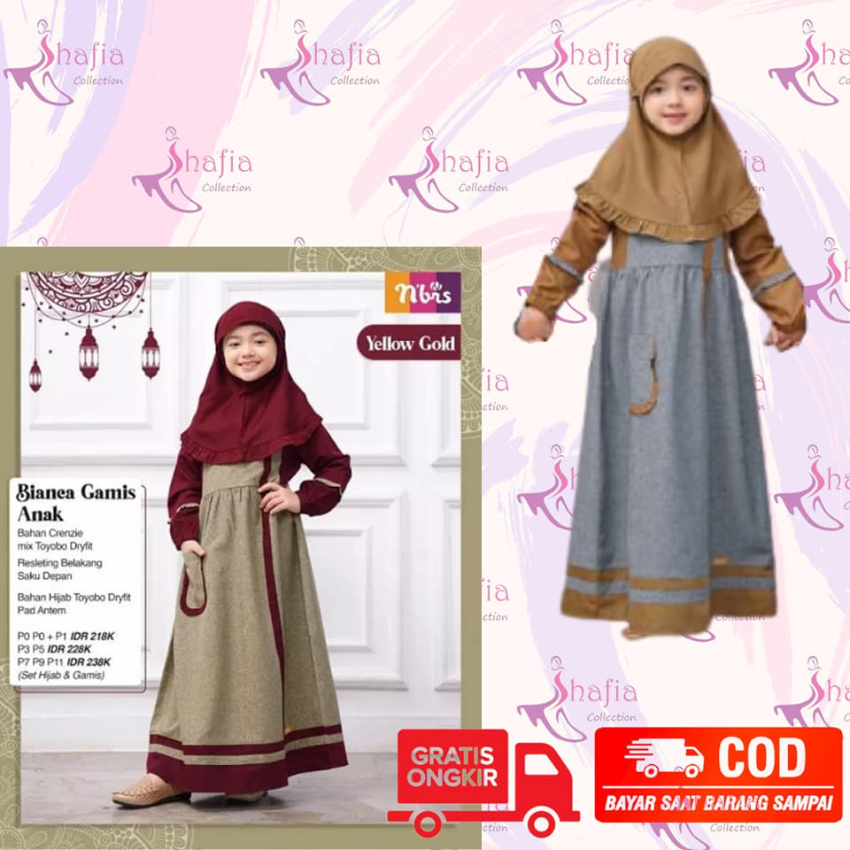 1.1 Nibras Bianca Gamis+Kerudung Anak Yellow Gold Grey /Nbrs Dress+Hijab/bergo Terbaru 2022 Kekinian