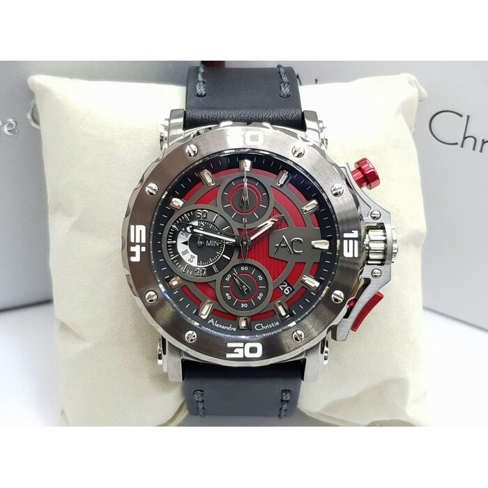 JAM TANGAN PRIA ALEXANDRE CHRISTIE AC 9205 LEATHER GREY RED ORIGINAL